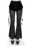 Gothic Black Mesh Splice Flared Pants with Feather Pendant