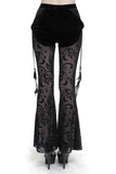 Gothic Black Mesh Splice Flared Pants with Feather Pendant