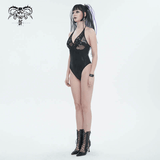 Gothic Black One-Piece Swimsuit with Metal Loops