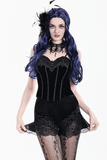 Gothic Black Velvet Lace Shorts with Floral Trim