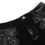Gothic Black Velvet Shorts With Floral Frill Trim