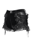 Gothic Black Velvet Shorts With Floral Frill Trim