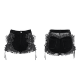 Gothic Black Velvet Shorts With Floral Frill Trim
