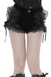 Gothic Black Velvet Shorts With Floral Frill Trim
