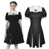 Gothic Cross Dress with Lace Trim and Black Lolita Flair