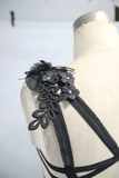 Gothic-Guipure-Top mit abnehmbaren Federn / Schwarzes Damen-Top mit Trägern hinten