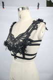 Gothic-Guipure-Top mit abnehmbaren Federn / Schwarzes Damen-Top mit Trägern hinten