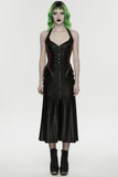 Gothic Halter Dress with Lace-Up Waist and Side Zip Cut
