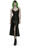 Gothic Halter Dress with Lace-Up Waist and Side Zip Cut