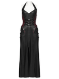 Gothic Halter Dress with Lace-Up Waist and Side Zip Cut