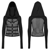 Gothic Hooded Mesh Top with Tall Collar and Metallic Details