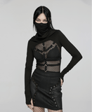 Gothic Hooded Mesh Top with Tall Collar and Metallic Details