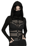 Gothic Hooded Mesh Top with Tall Collar and Metallic Details