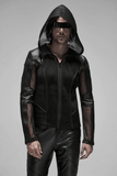 Gothic-Inspired Urban Leather Mesh Zip-Up Hoodie for Men