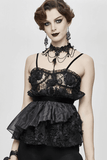 Transparentes asymmetrisches Spitzenoberteil im Gothic-Stil / Schwarzes Damenoberteil mit 3D-Blume