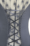 Gothic Sexy Spitzenbluse mit Perlenstickerei / Damen-Langarmshirt mit Schnürung am Rücken