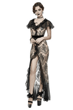 Elegantes langes Gothic-Spitzenkleid / Sexy beiges Kleid mit Rüschensaum