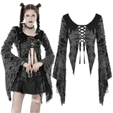 Gothic Lace-Up Top with Shredded Details and Bell Sleeves