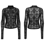 Gothic Long Sleeve Mesh Top with Intricate Cross Embroidery