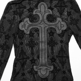 Gothic Long Sleeve Mesh Top with Intricate Cross Embroidery