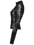 Gothic Long Sleeve Mesh Top with Intricate Cross Embroidery