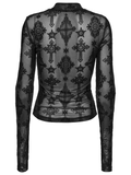 Gothic Long Sleeve Mesh Top with Intricate Cross Embroidery