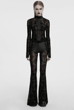Gothic Long Sleeve Mesh Top with Intricate Cross Embroidery