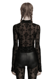 Gothic Long Sleeve Mesh Top with Intricate Cross Embroidery
