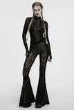 Gothic Long Sleeve Mesh Top with Intricate Cross Embroidery