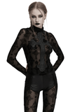 Gothic Long Sleeve Mesh Top with Intricate Cross Embroidery