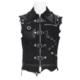 Gothic Men's Zipper Vest with Buckles and Distressed Trim