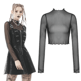 Gothic Mesh Crop Top with Long Sleeves - Edgy Rave Wear