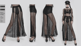 Gothic Mesh Lace Up Flare Trousers with Chains