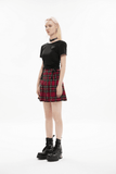 Gothic Pleated Skirt in Red Tartan with Belt Accents