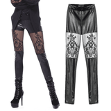 Gothic PU Leather Leggings adorned with Flower Lace