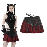 Gothic Red and Black Plaid Skirt with Cross Embellishment