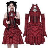 Gothic Red Plaid Corset Dress with Ruffled Accents