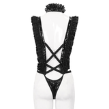 Gothic Ruffled Lace Lingerie Bodysuit With Stand Collar