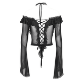 Gothic Ruffled Women's Top with Sheer Sleeves and Back Lace-Up