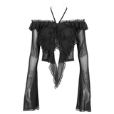 Gothic Ruffled Women's Top with Sheer Sleeves and Back Lace-Up