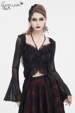 Gothic Ruffled Women's Top with Sheer Sleeves and Back Lace-Up