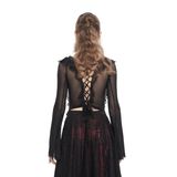 Gothic Ruffled Women's Top with Sheer Sleeves and Back Lace-Up