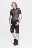 Männliches Gothic-Kurzarm-T-Shirt aus transparentem Mesh / lässige, schwarze, elastische T-Shirts für Männer