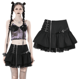 Gothic Skirt with Lace-Up Zipper and Buckle Embellishments