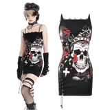 Gothic Sleeveless Dress with Skull Print and Lace Accents