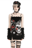 Gothic Sleeveless Dress with Skull Print and Lace Accents