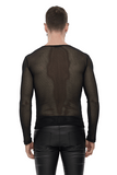 Haut noir en maille hexagonale transparente à manches longues pour hommes / Vêtements de style gothique