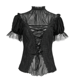 Gothic T-Shirt with Stand Collar and Front Lace-Up Detail