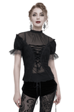 Gothic T-Shirt with Stand Collar and Front Lace-Up Detail