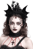 Gothic Women's Bat Tiara with Feathers and Roses